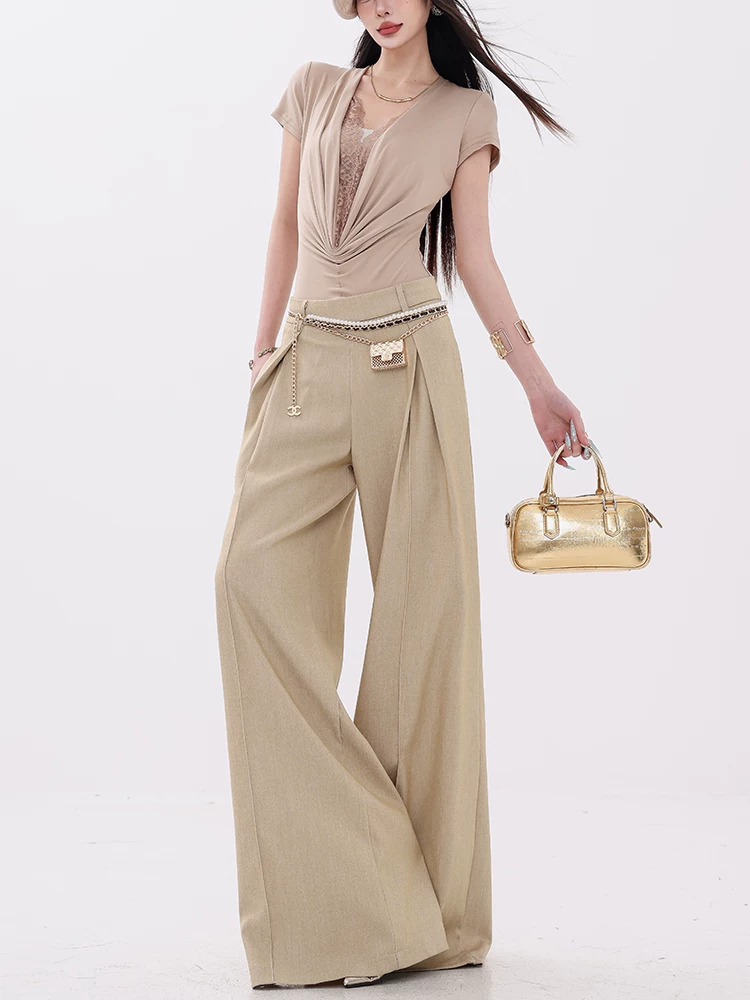 Quần âu nữ ABWEAR Golden Age - Quần xếp ly ống rộng dáng xuông, chất liệu mềm mại, kiểu dáng mới năm 2025, dài chấm đất
