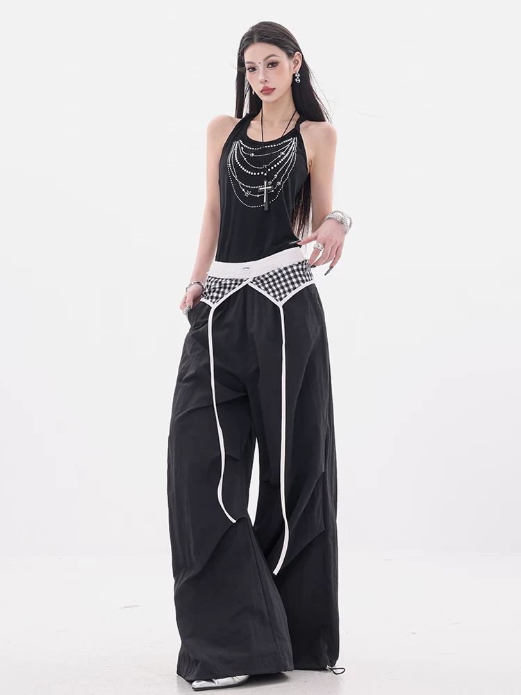 ABWEAR Color Narrative - Quần thường ngày có họa tiết kẻ sọc đôi nguyên bản dành cho nữ, quần ống rộng dáng rộng
