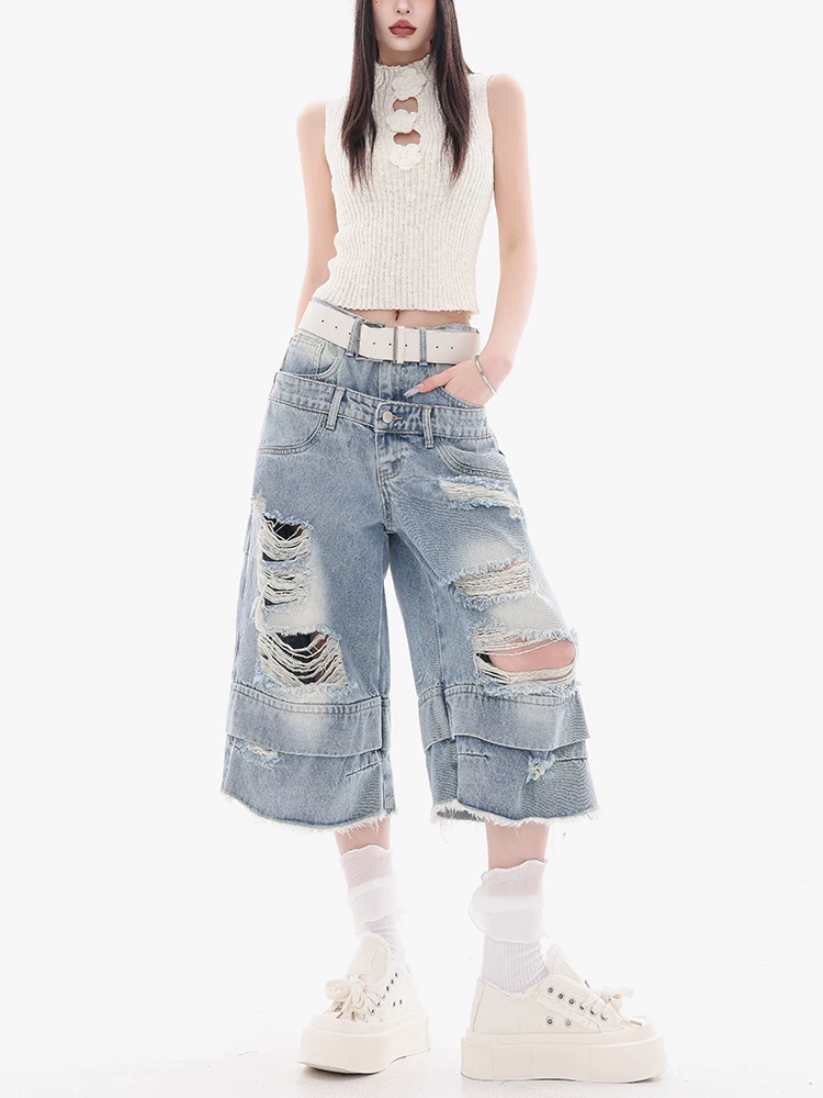 ABWEAR Beyond the Clouds - Quần short denim 7/8 có dây thắt lưng đôi nguyên bản đã được giặt sạch Quần short ống rộng dáng rộng dành cho nữ