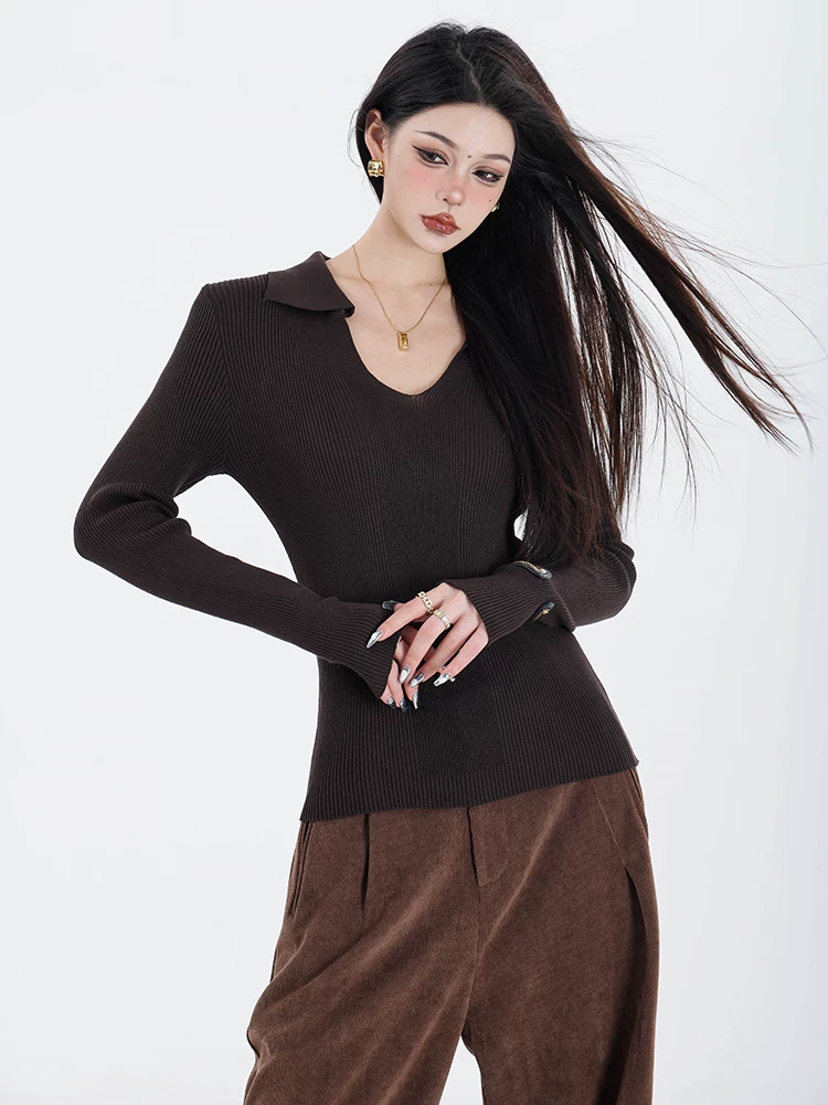 ABWEAR thích ứng với mùa thu đông nguyên bản áo len dệt kim cổ chữ V áo sơ mi dài tay ôm sát nữ