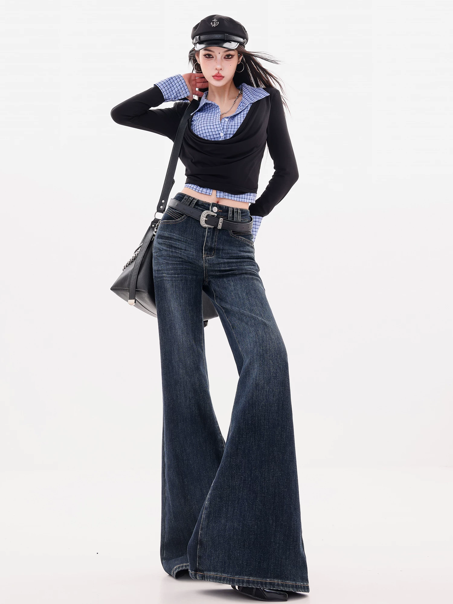 ABWLR Denim Wave - Quần jean ống loe hơi co giãn có lót lông cừu màu xanh nguyên bản dành cho nữ, kiểu dáng ôm vừa vặn, quần ống loe