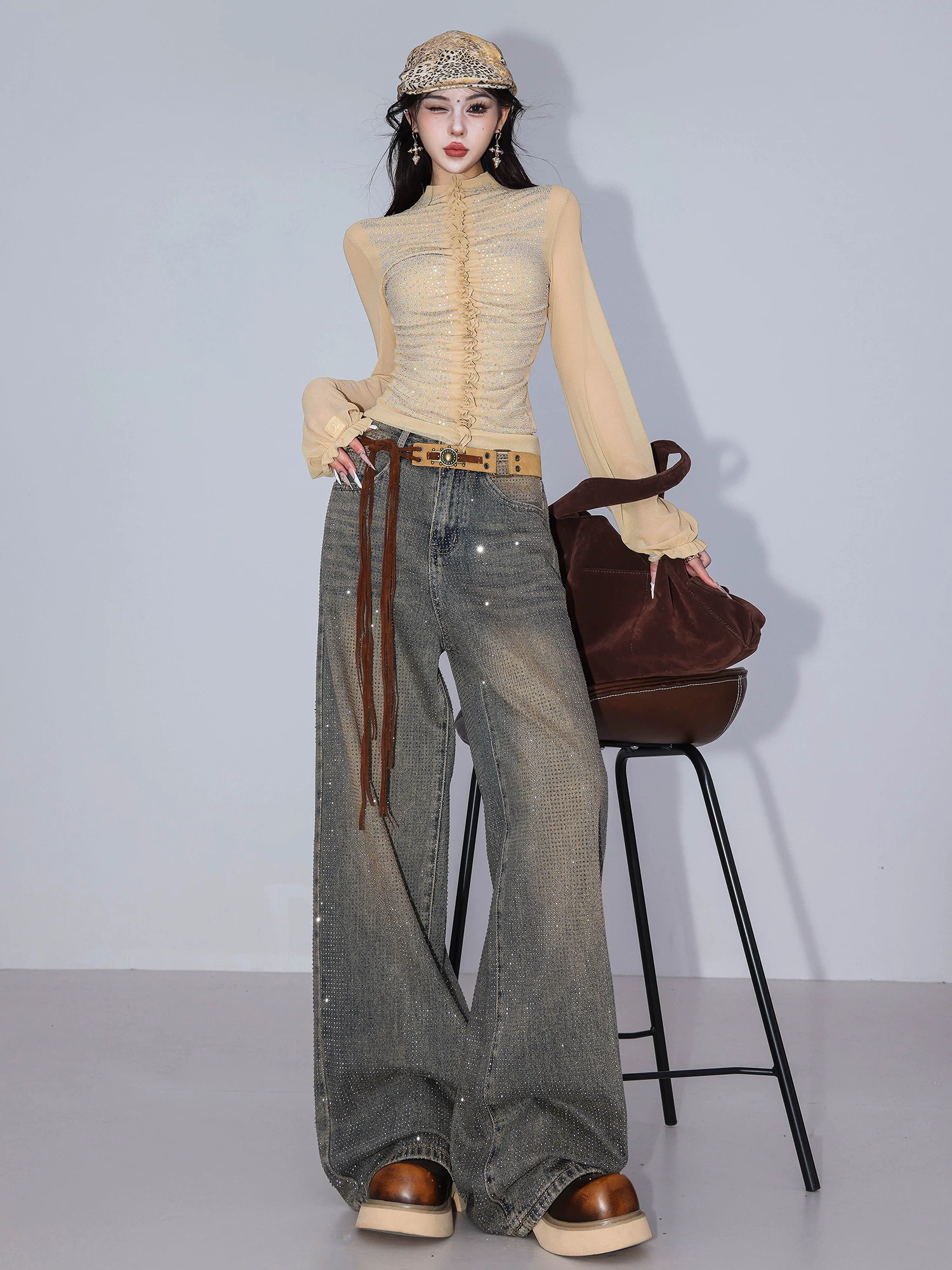 ABWLR Golden Age - Quần jean đính đá cổ điển nguyên bản dành cho nữ, quần ống rộng dài đến sàn mùa thu mới