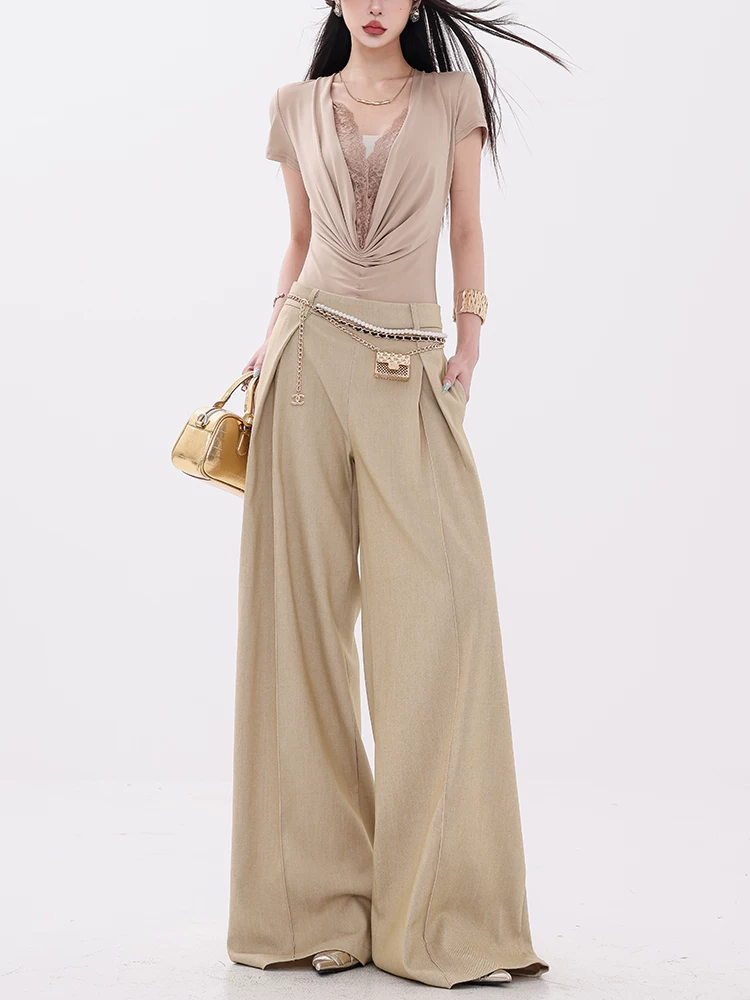 Quần âu nữ ABWEAR Golden Age - Quần xếp ly ống rộng dáng xuông, chất liệu mềm mại, kiểu dáng mới năm 2025, dài chấm đất