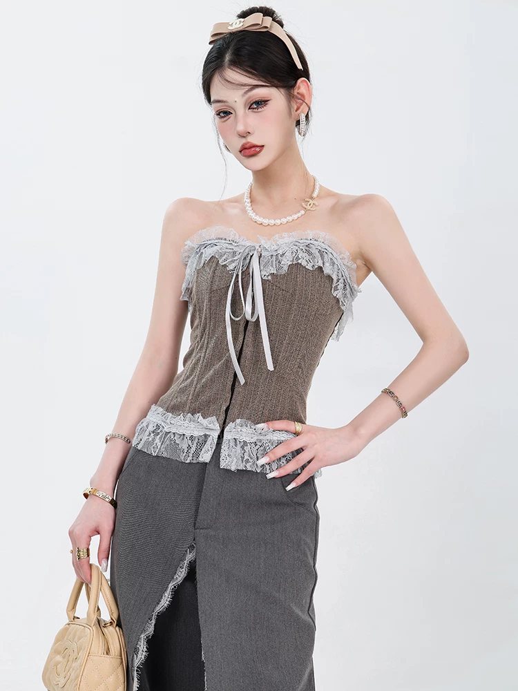 Áo hai dây ren phong cách hot girl ABWEAR dành cho nữ, kiểu mới 2024, áo lót phối màu, kiểu trễ vai