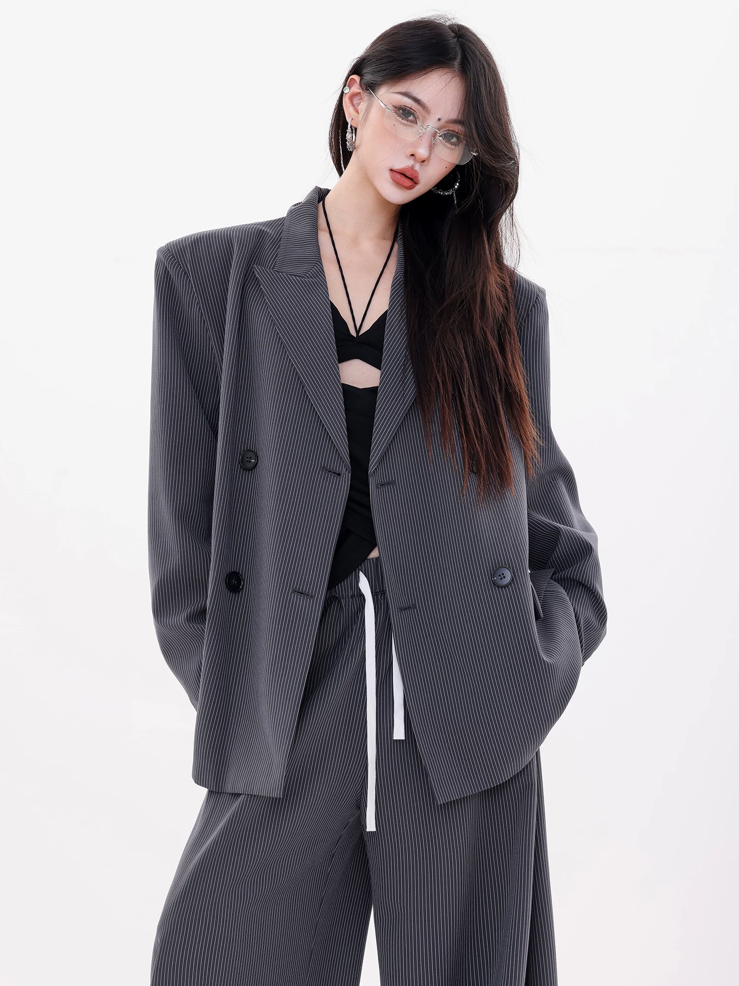 ABWLR Art Editor - Bộ đồ hai mảnh có áo khoác blazer sọc nguyên bản dành cho nữ, dáng rộng, đa năng, phong cách thường ngày