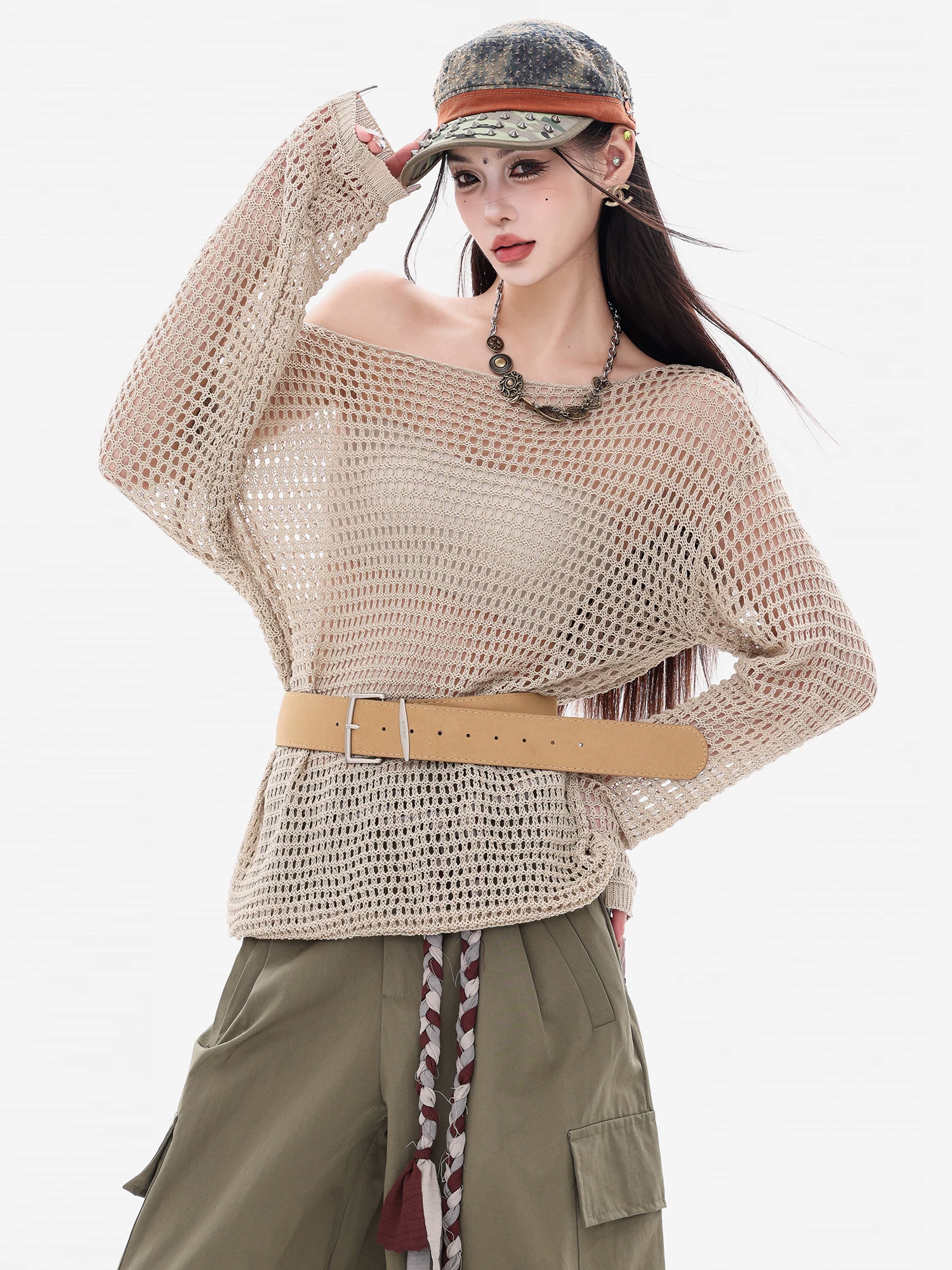 ABWEAR Oxygen Girl - Áo len dệt kim trễ vai phong cách lười biếng nguyên bản dành cho nữ, áo dáng rộng đa năng phong cách Hàn Quốc