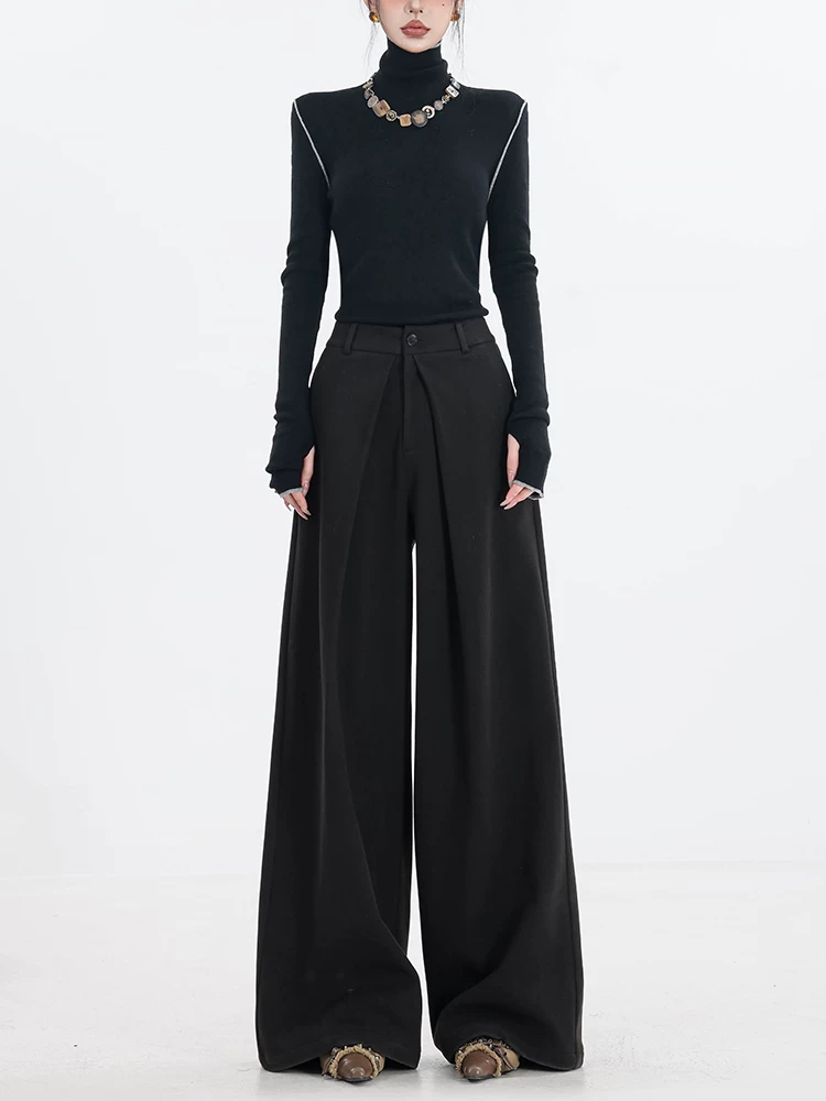 ABWEAR Urban Stroll - Quần ống rộng dày màu đen mùa thu đông Quần ống rộng dáng rộng xếp ly thiết kế quần âu