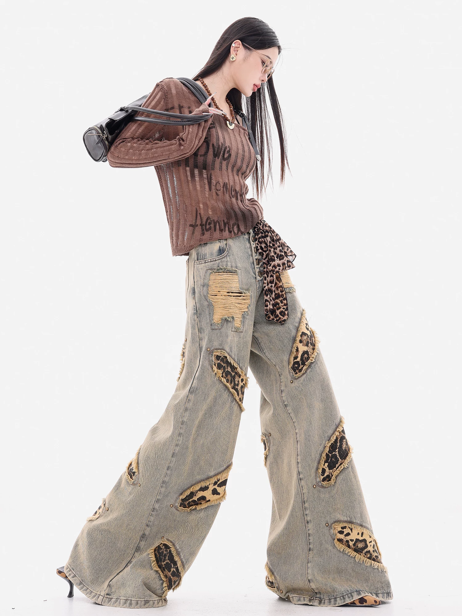 ABWEAR West Coast-Quần jean chắp vá họa tiết da báo cổ điển nguyên bản dành cho nữ có đinh tán quần ống rộng dáng rộng ống thẳng