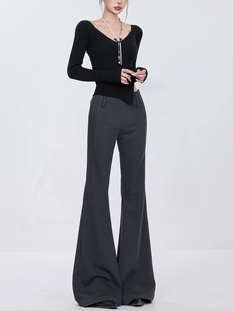 Quần âu nữ ABWEAR Xuân mới, cạp cao, kiểu dáng vintage, tôn dáng, ống loe, dài chấm đất