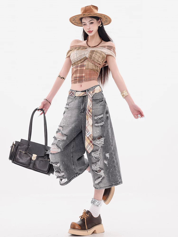Dự án chụp ảnh đường phố ABWEAR - Quần short denim cũ màu xám tro nguyên bản dành cho nữ, thiết kế rộng rãi, quần dài vừa phải