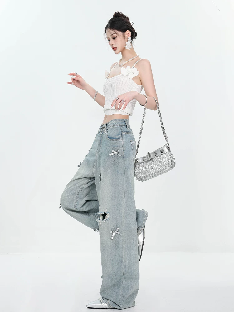 Quần jean ống rộng kiểu dáng vintage màu sắc cổ điển, thiết kế nơ mùa hè mới của ABWEAR dành cho nữ, mỏng và tôn dáng.