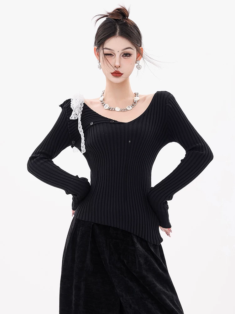 ABWEAR Maple Leaf Love Letter - Áo dệt kim dài tay cổ bẻ lệch vai màu đen nguyên bản dành cho nữ, áo giảm béo mùa thu mới