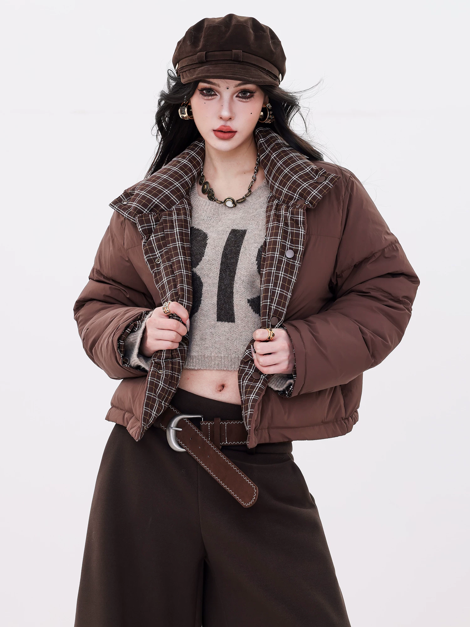 Áo khoác cotton ngắn chắp vá họa tiết kim cương hai mặt ABWLR dành cho nữ, áo khoác phao dày mùa đông, áo khoác ấm áp.