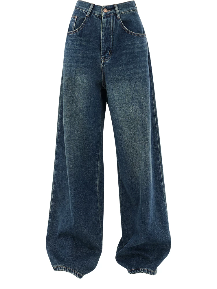 Quần jeans ống rộng dáng thẳng lót nhung tối màu phong cách retro thu đông ABWEAR dành cho nữ 2025, kiểu dáng mới, rộng rãi, dài chấm đất