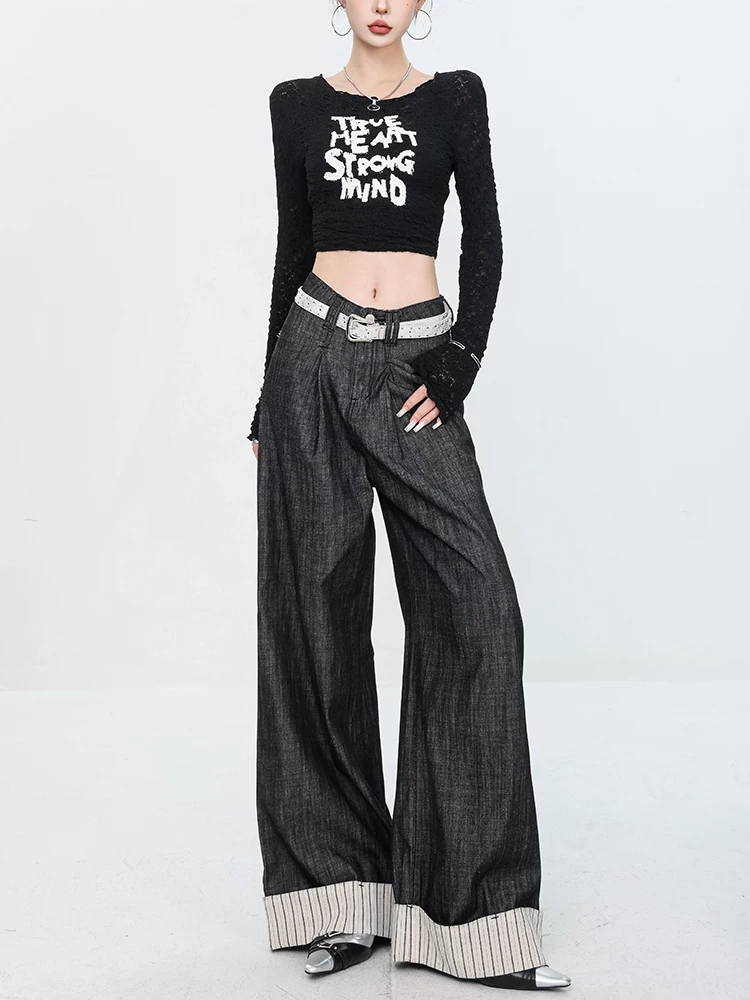 Quần Jeans Sọc Vá Chắp Màu Đen Nguyên Bản ABWEAR - Phân Biệt Giữa Thực Tế Và Ảo Tưởng - Mẫu Mới 2024, Quần Dài Rộng, Dáng Suông Cho Nữ