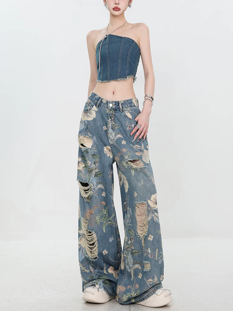 ABWEAR quần jean rách in họa tiết cổ điển kiểu Mỹ mùa hè mới dành cho nữ, quần ống rộng dài đến sàn, dáng rộng