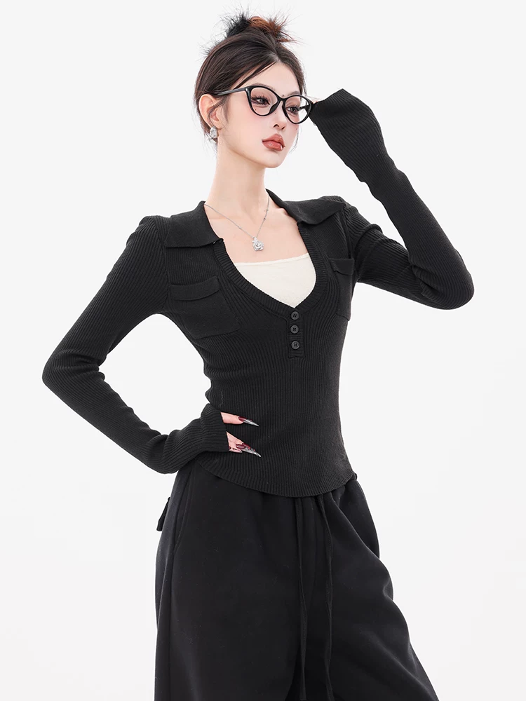 ABWEAR nguyên bản màu đen giả hai mảnh dệt kim dành cho nữ 2024 mới Áo sơ mi POLO dáng ôm vừa vặn áo dài tay