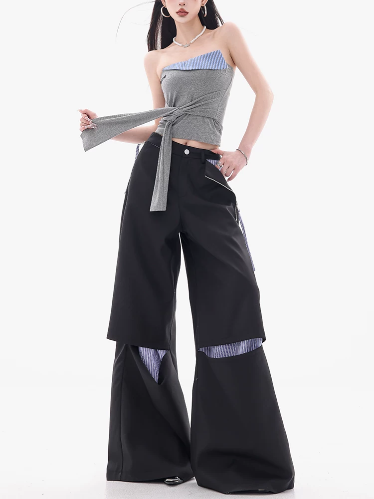 Quần nữ ABWEAR kiểu Hàn Quốc, thiết kế phối vải giả hai lớp, dáng rộng, chất liệu vải mài mòn, kiểu dáng bình thường, màu trà đá muối biển