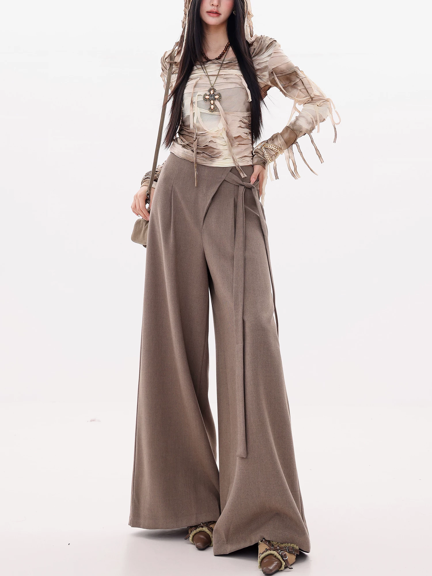 ABWLR All-Around Item - Quần vest buộc dây cổ điển nguyên bản dành cho nữ, phong cách mùa thu mới, dáng rộng, quần ống rộng thẳng giúp giảm béo