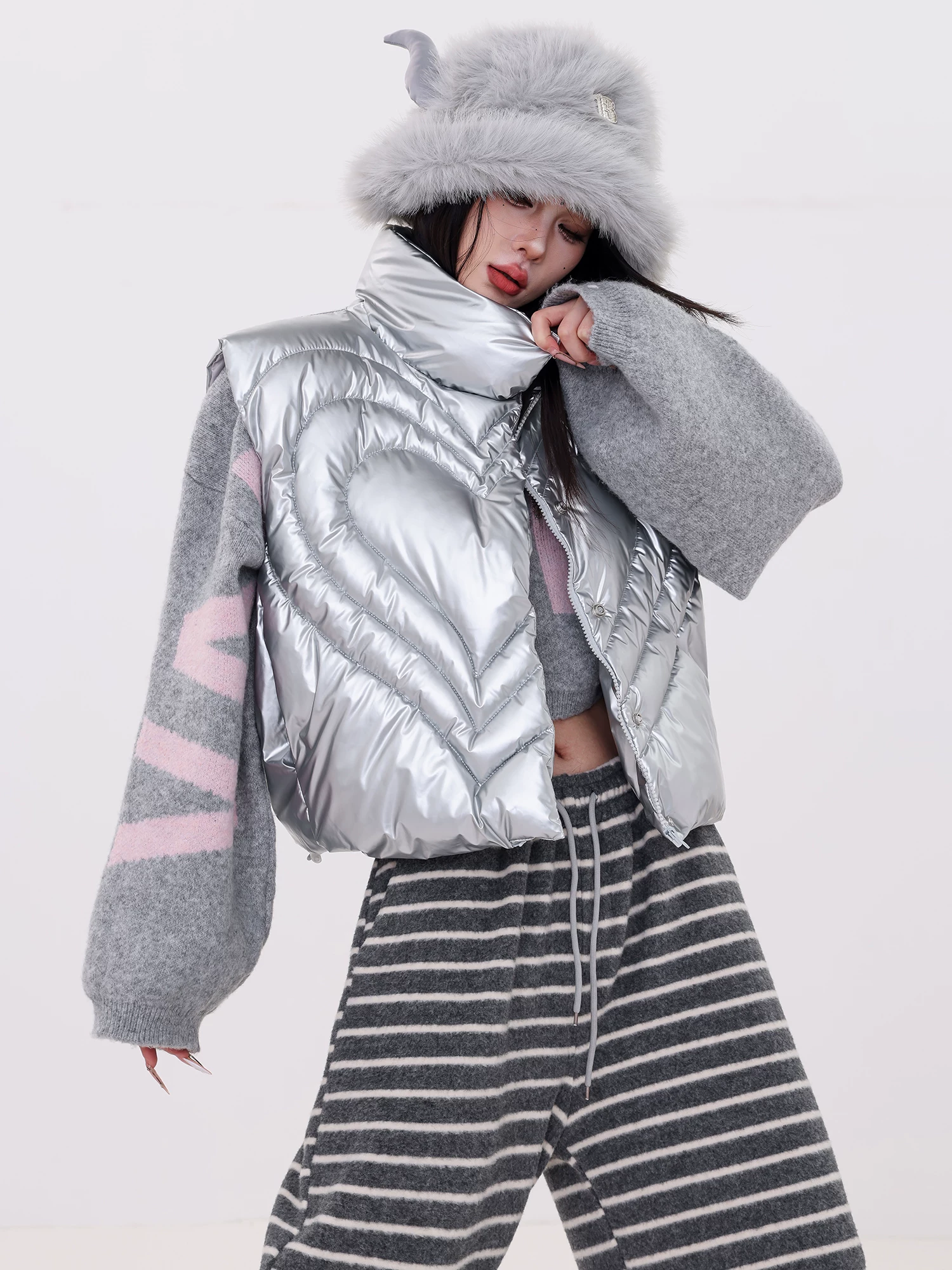 ABWLR Snowy Journey - Áo khoác cotton không tay kiểu dáng công nghệ tương lai nguyên bản Áo khoác cotton ngắn cổ đứng dành cho nữ