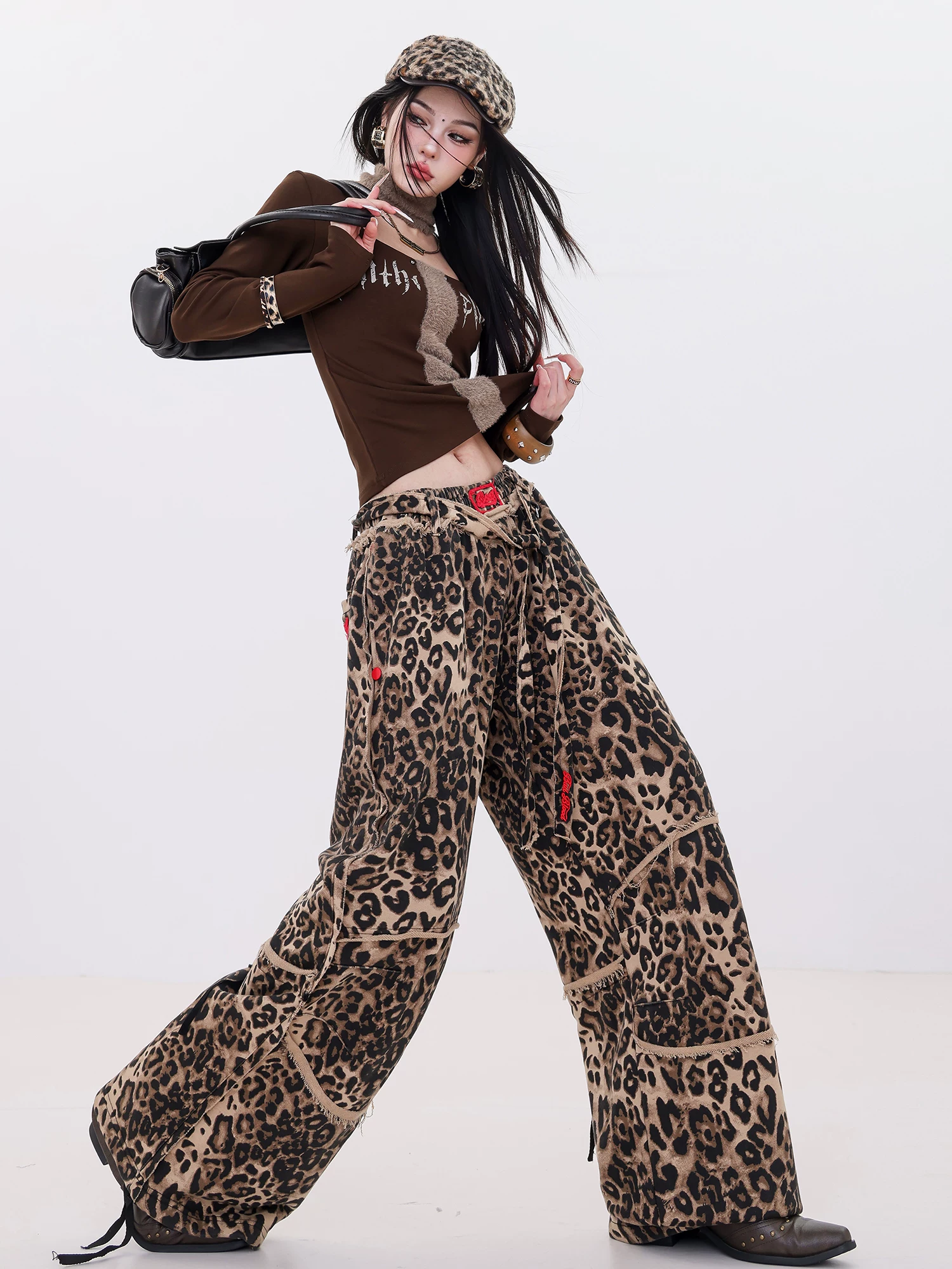 ABWLR Urban Hunter - Quần ống rộng họa tiết da báo cổ điển kiểu Mỹ nguyên bản dành cho nữ, phong cách đường phố Quần ống rộng lưng thun kiểu dáng đơn giản