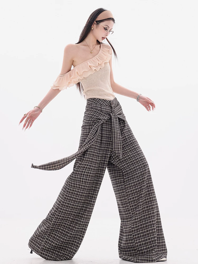 ABWEAR Đảo ngược phong cách Anh quốc - Thiết kế cà vạt kẻ sọc không đều kiểu Hàn Quốc nguyên bản Quần âu nữ Quần ống rộng