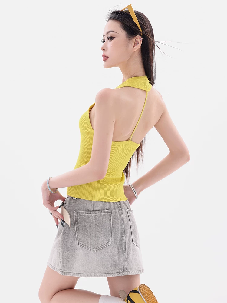 ABWEAR Đẹp và đầy tham vọng - Áo yếm dệt kim hở lưng cổ chữ V nguyên bản dành cho nữ, kiểu dáng ôm sát, không tay