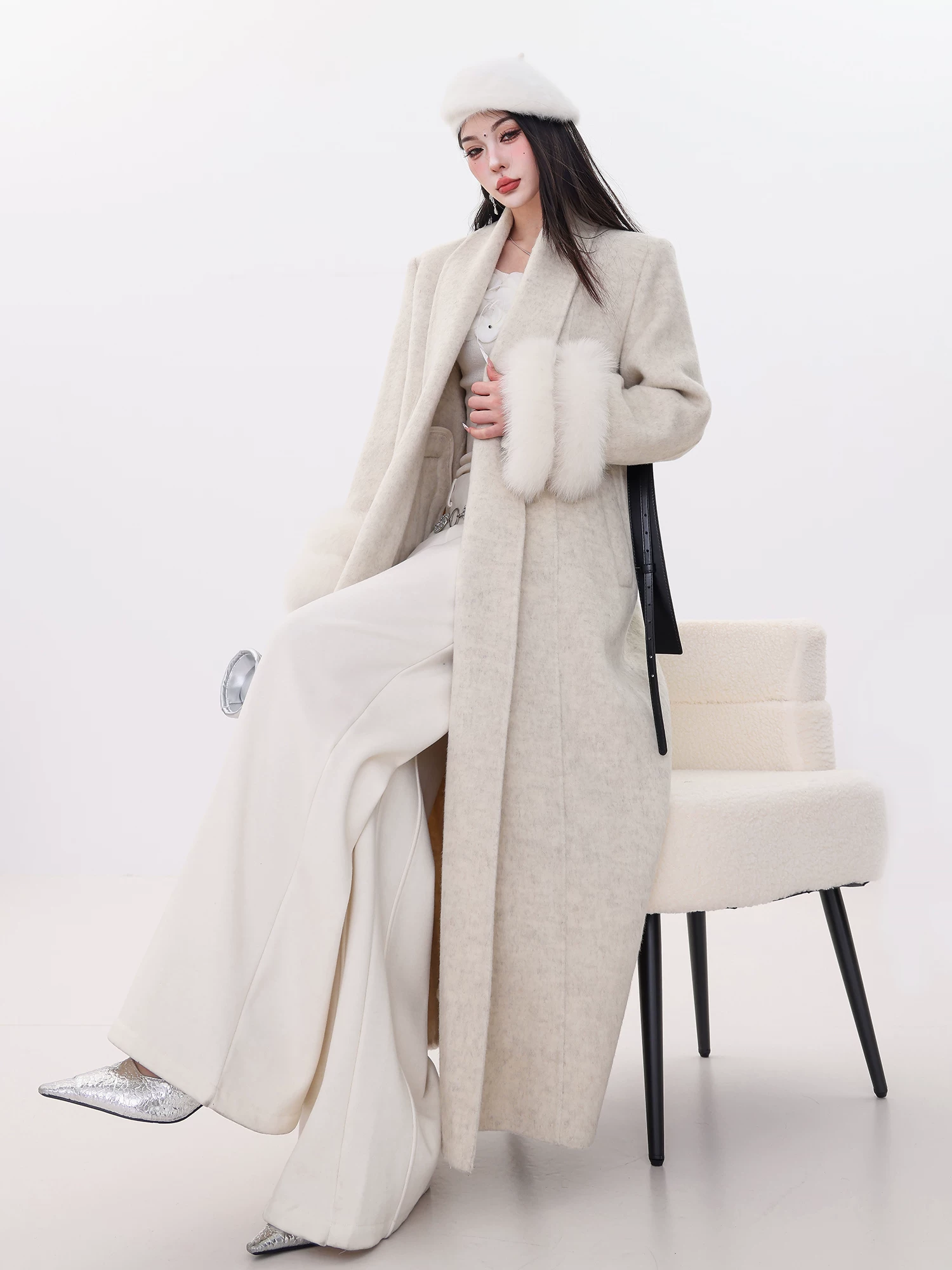 ABWLR Raff Aesthetics - Áo khoác len lông cáo phong cách sang trọng nhẹ nhàng nguyên bản dành cho nữ, có dây thắt lưng, áo khoác dài thanh lịch