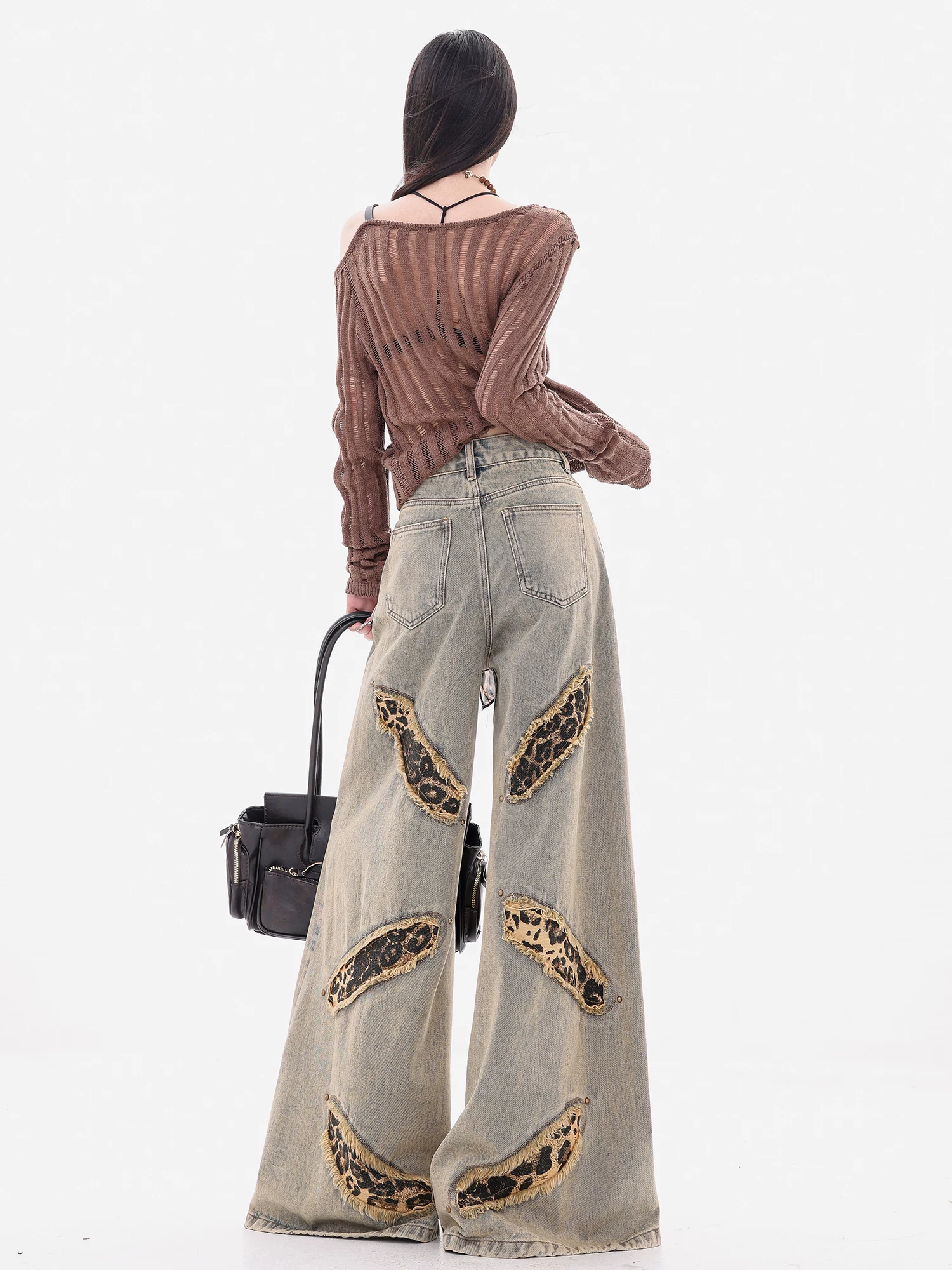ABWEAR West Coast-Quần jean chắp vá họa tiết da báo cổ điển nguyên bản dành cho nữ có đinh tán quần ống rộng dáng rộng ống thẳng