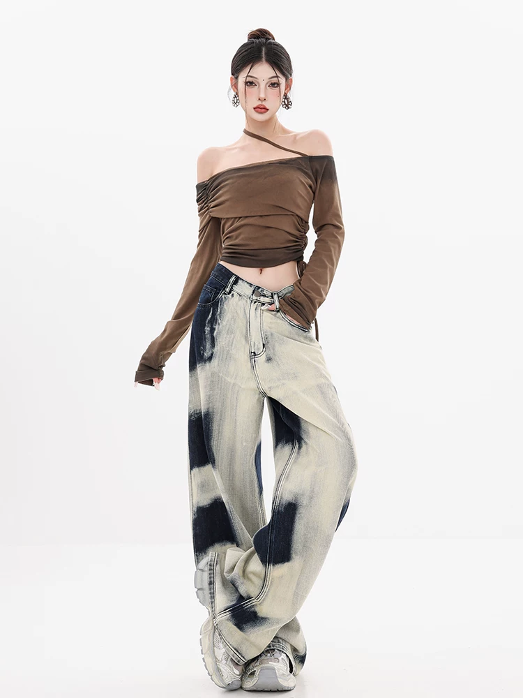 ABWEAR White Dew Silence - Quần jean ống rộng màu gradient đầu thu nguyên bản dành cho nữ, quần ống thẳng rộng rãi và đa năng