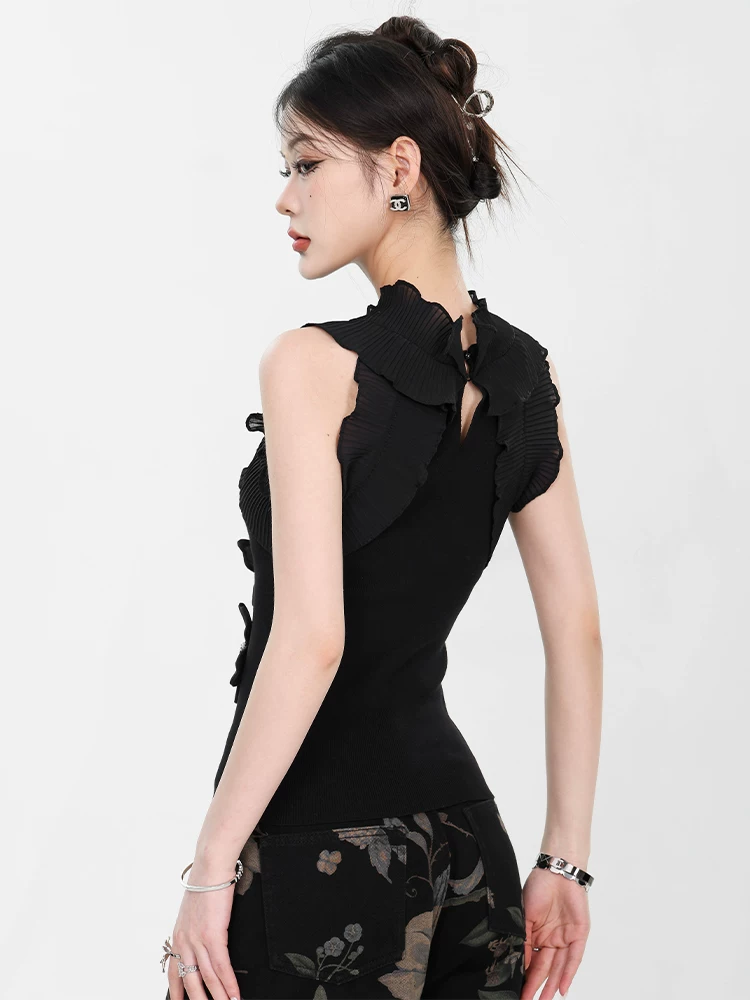 Áo thun nữ ba chiều họa tiết hoa mới của ABWEAR, thiết kế thời trang với viền xếp nếp, áo vest dệt kim không tay