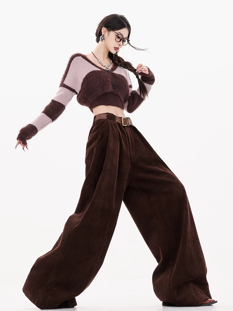 ABWEAR Wei Zhi Winter - Quần âu thẳng chất liệu nhung tăm nguyên bản dành cho nữ 2024 Quần ống rộng đa năng mới