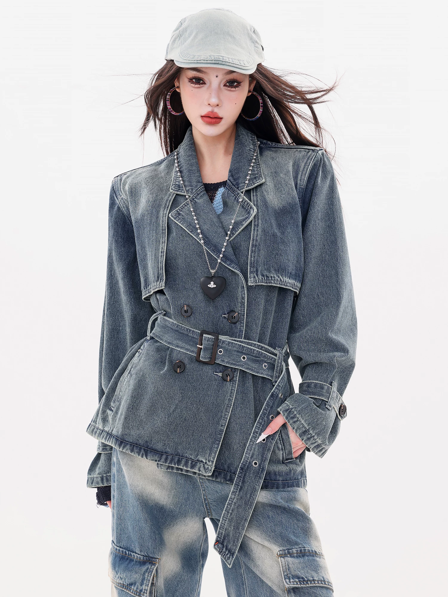 ABWLR Phong cách Anh quốc - Áo khoác denim cài khuy đôi kiểu Anh nguyên bản dành cho nữ, Áo gió thường ngày mùa thu đông mới