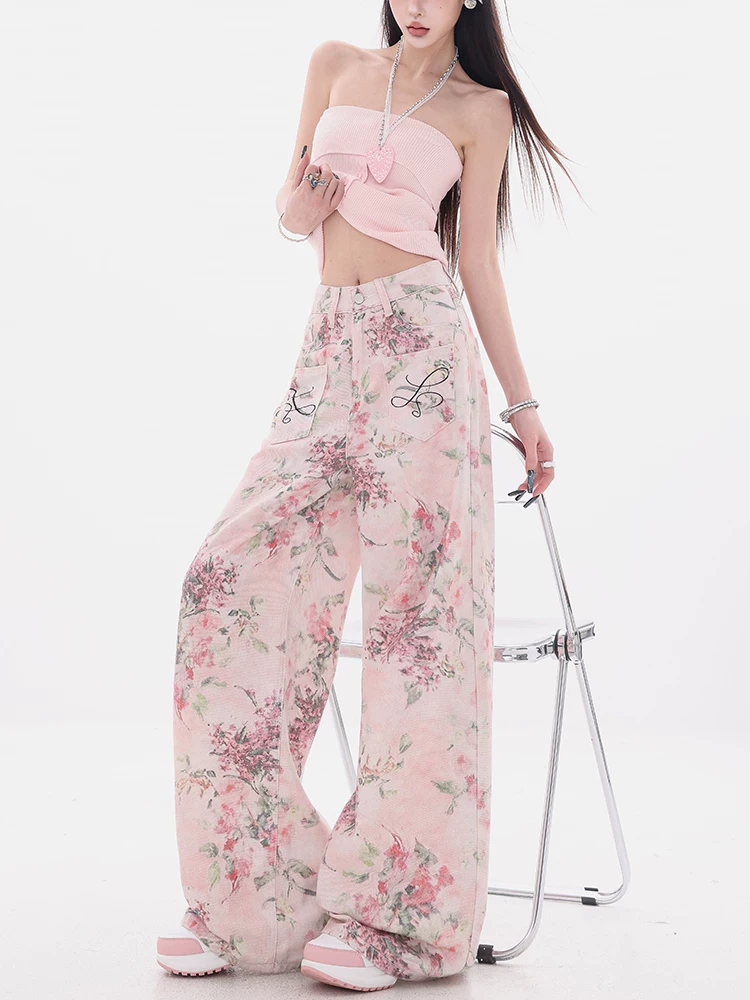 ABWEAR Rosemary Rose-Quần jean in họa tiết màu hồng nguyên bản dành cho nữ mùa hè mới Quần ống rộng thẳng thường ngày