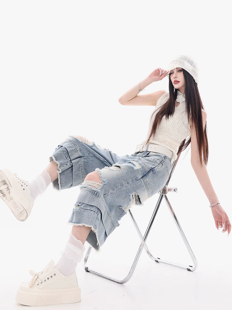 ABWEAR Beyond the Clouds - Quần short denim 7/8 có dây thắt lưng đôi nguyên bản đã được giặt sạch Quần short ống rộng dáng rộng dành cho nữ