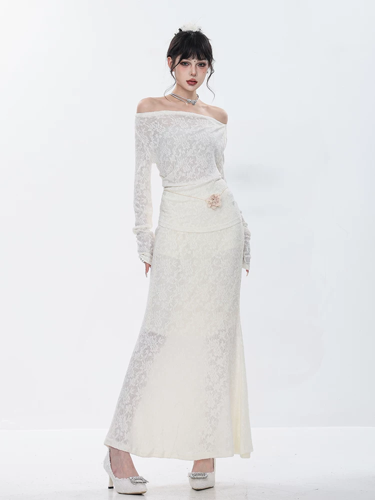Váy ren đen ABWEAR dành cho nữ, kiểu dáng dài mùa xuân, váy đuôi cá hai mảnh ôm sát trễ vai thanh lịch
