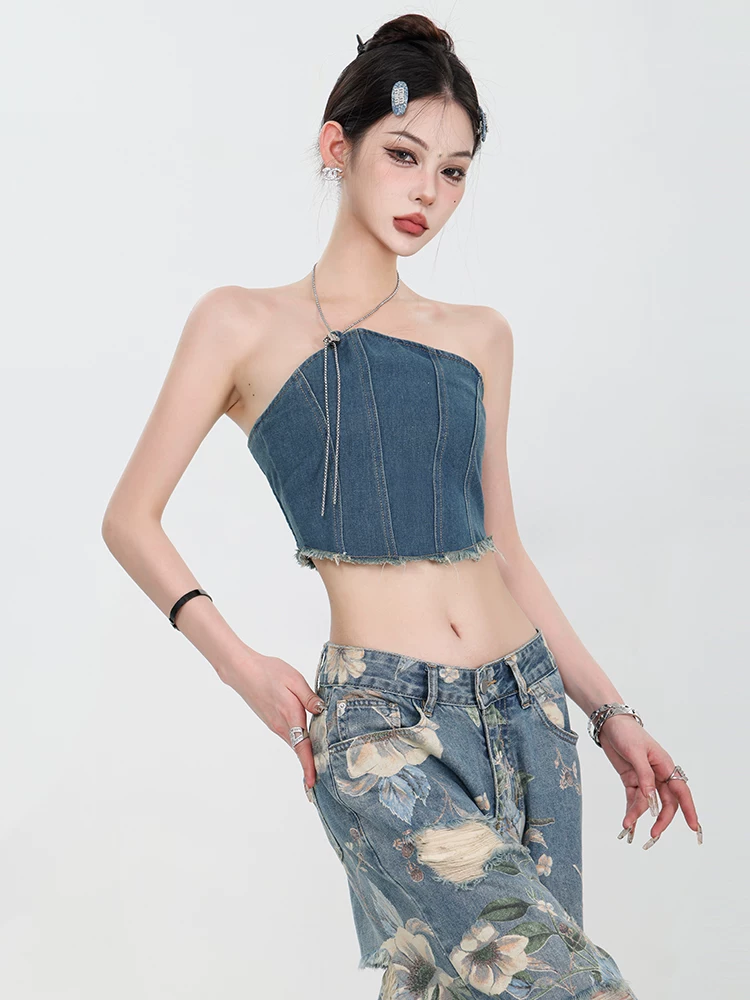 Áo hai dây denim kiểu Mỹ hè 2025 ABWEAR, thiết kế thời trang nữ, áo ngắn