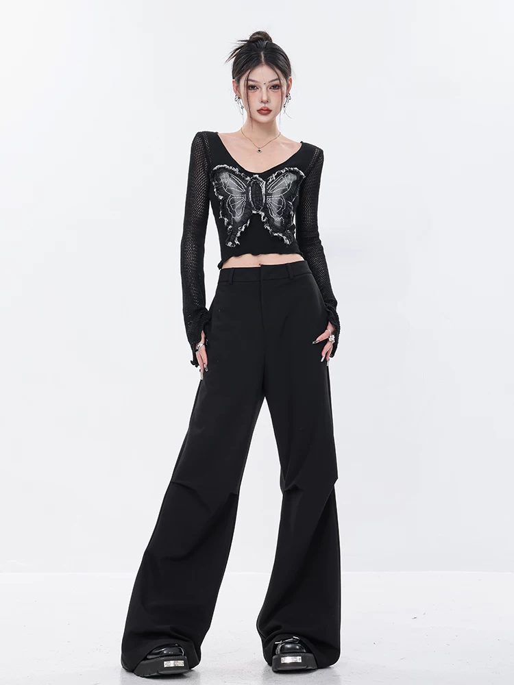Quần âu lưng cao màu đen thiết kế độc đáo của ABWEAR dành cho nữ, quần ống loe dáng dài dành cho nữ, quần ống rộng dáng rộng giúp thon gọn