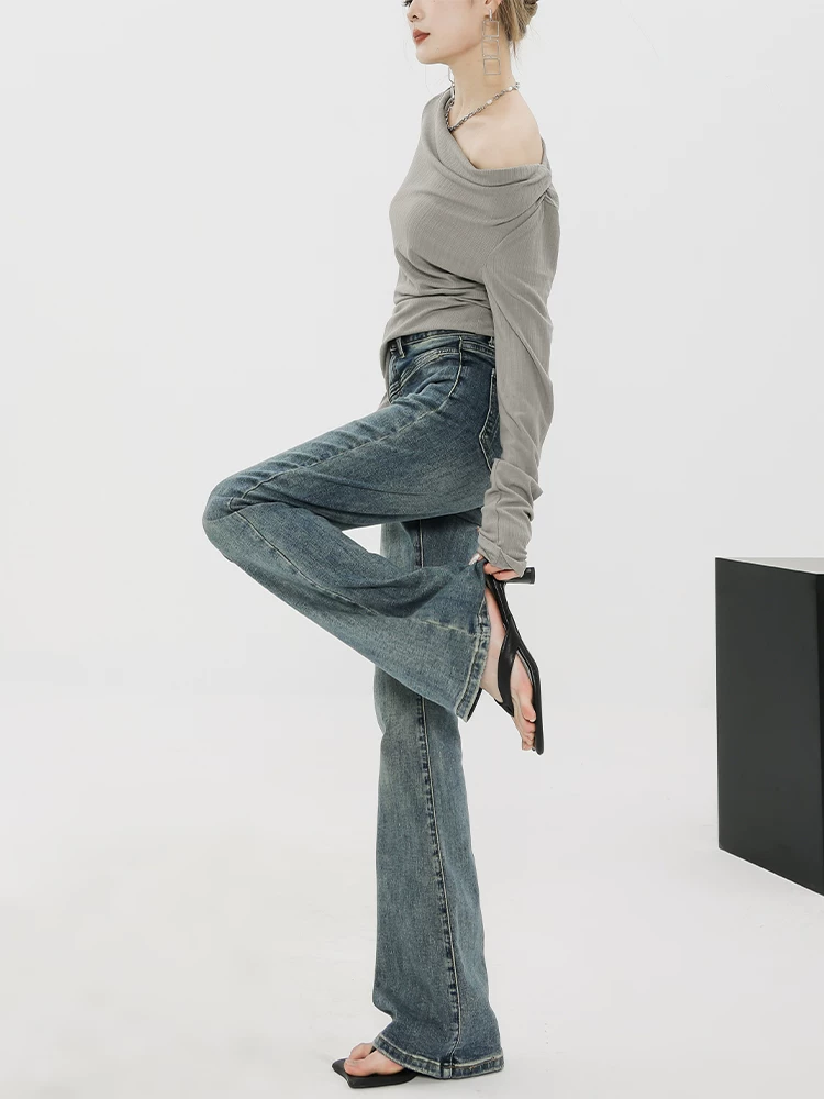 Quần jeans loe ABWEAR dành cho nữ, thu đông 2025, kiểu vintage, cạp cao, ôm dáng, dài, hơi loe.