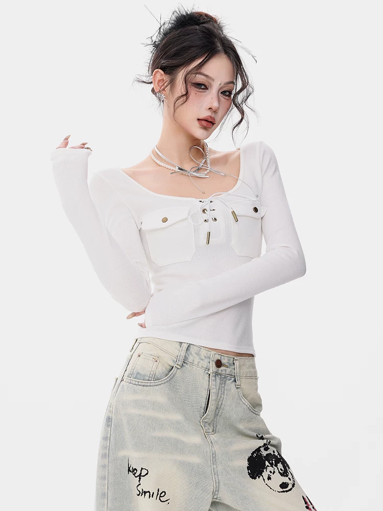 ABWEAR Tiếng bí mật của người Ba Tư - Áo thun dài tay màu trắng nguyên bản dành cho nữ, thiết kế thắt lưng gợi cảm, áo lót