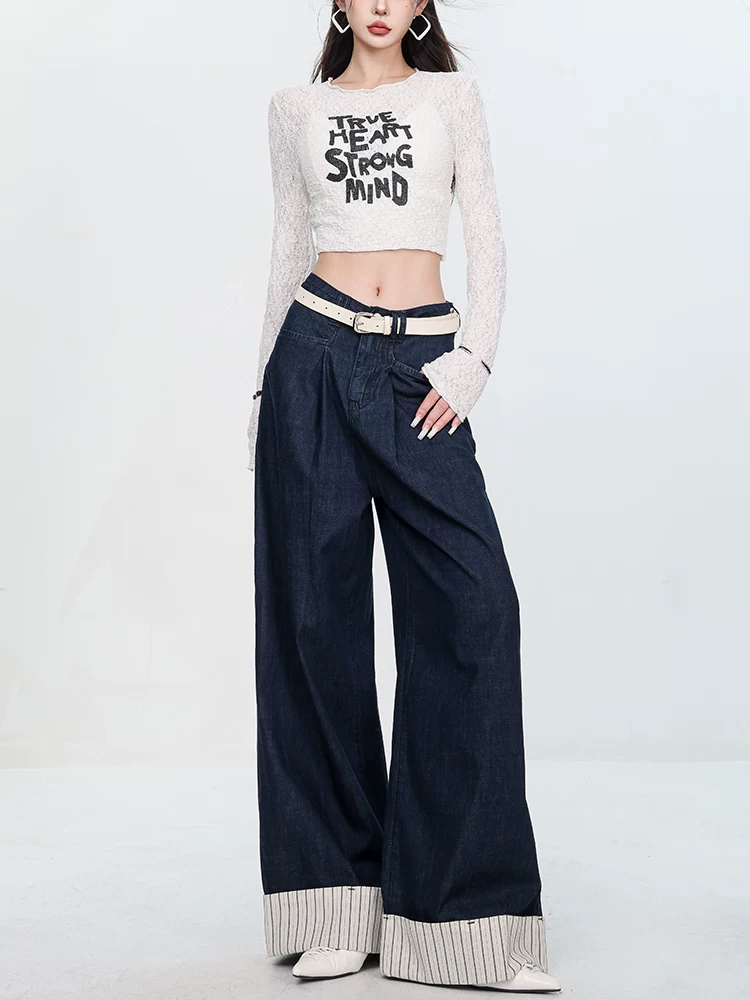 Quần Jean ABWEAR Phong Cách Vintage Mới 2024 Kết Hợp Vải Nhiều Màu, Viền Cuộn Và Ống Rộng Sọc Cho Nữ