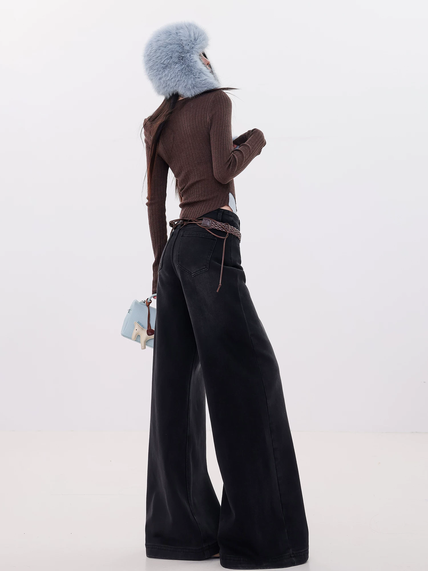 Quần jeans ống rộng dày dặn kiểu cổ điển ABWLR dành cho nữ 2025, cạp cao, dáng thẳng, tôn dáng