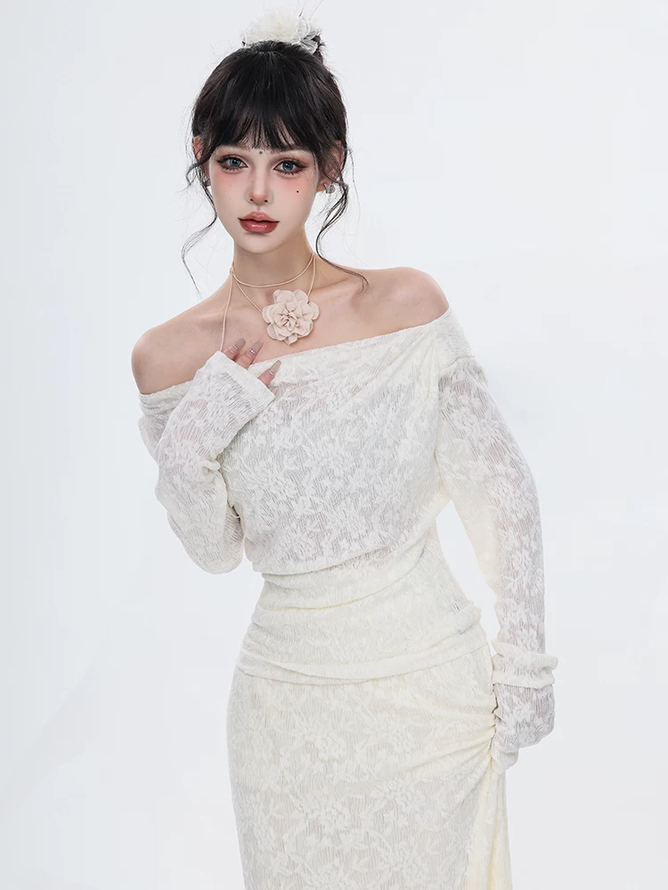 Váy ren đen ABWEAR dành cho nữ, kiểu dáng dài mùa xuân, váy đuôi cá hai mảnh ôm sát trễ vai thanh lịch