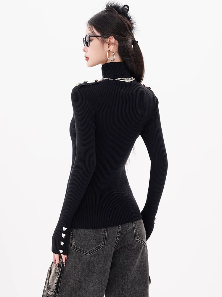 ABWEAR Silver Wing Hunter-Áo dệt kim cổ lọ màu đen nguyên bản dành cho nữ 2024 áo dài tay dáng ôm vừa vặn mới