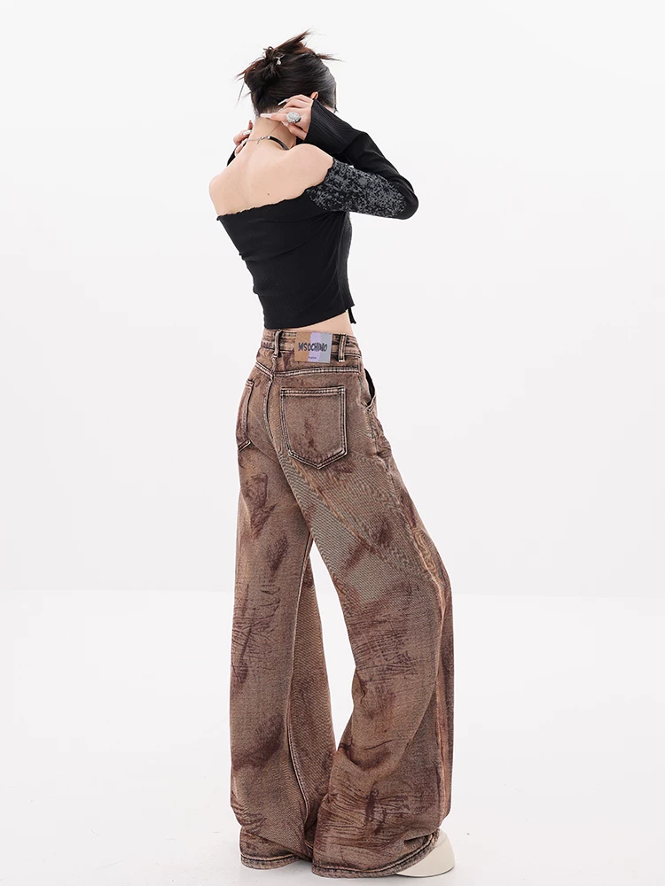 ABWEAR Sunset Neon - Quần jean ống rộng phong cách vùng đất hoang Mỹ mùa thu sớm 2024 dành cho nữ, dáng rộng ống thẳng