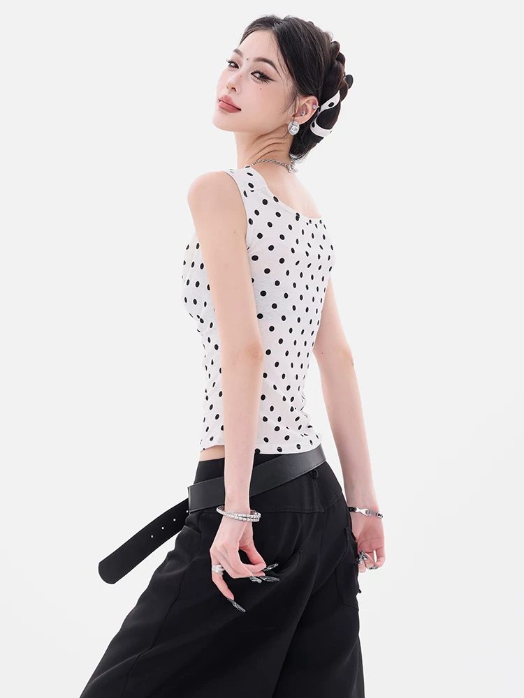 ABWEAR Tipsy Moment - Áo thun ngắn tay ôm sát eo, thiết kế chấm bi nguyên bản, kiểu dáng ôm sát eo, tay ngắn dành cho nữ