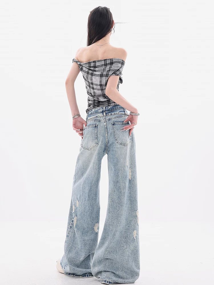 Quần jeans rách phong cách retro Mỹ nguyên bản của ABWEAR dành cho nữ mùa hè 2025, kiểu dáng rộng, ống rộng