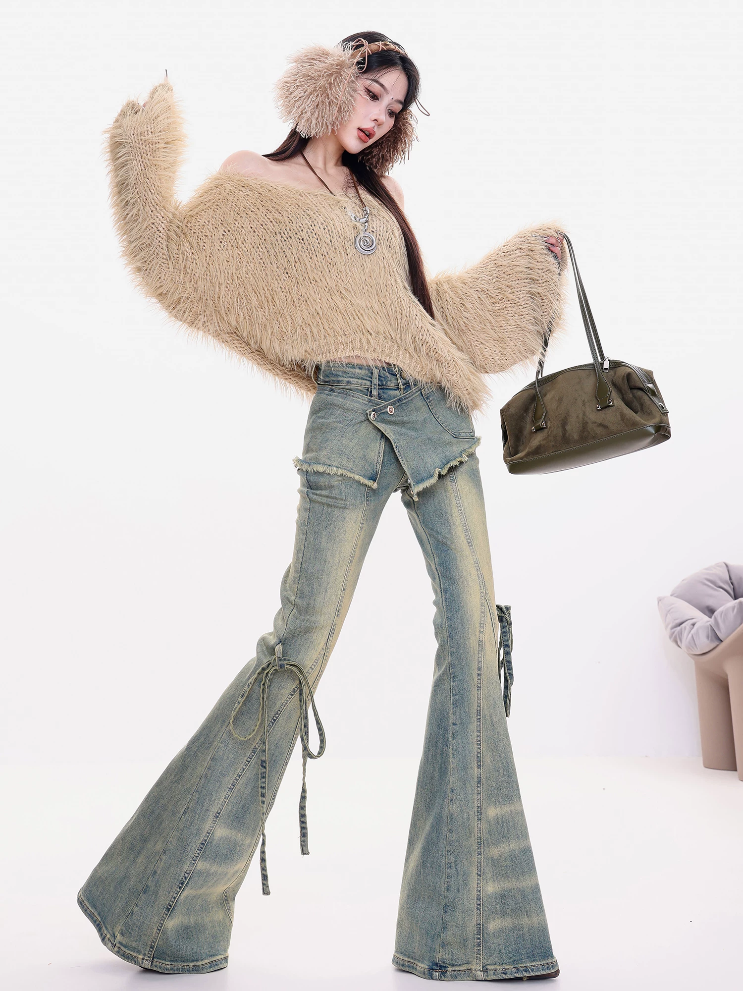 Quần Jeans ABWLR Layered Party - Quần Jeans Vintage Giặt Mài Nguyên Bản Cho Nữ, Cạp Cao, Lót Lông Cừu, Dáng Quần hơi loe