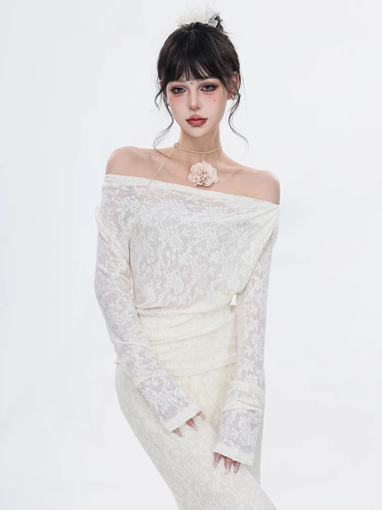Váy ren đen ABWEAR dành cho nữ, kiểu dáng dài mùa xuân, váy đuôi cá hai mảnh ôm sát trễ vai thanh lịch