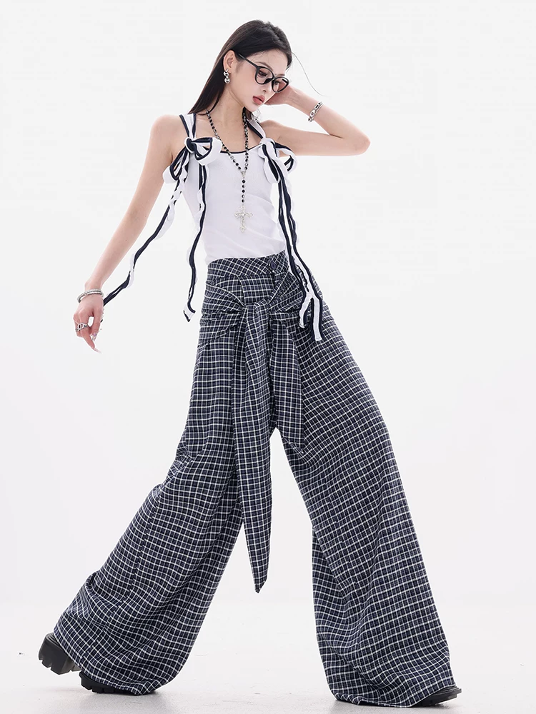 ABWEAR Ngược chiều của phong cách Anh - Quần thường ngày kẻ sọc xanh nguyên bản dành cho nữ với thiết kế dây buộc, dáng rộng, quần ống rộng dài đến sàn